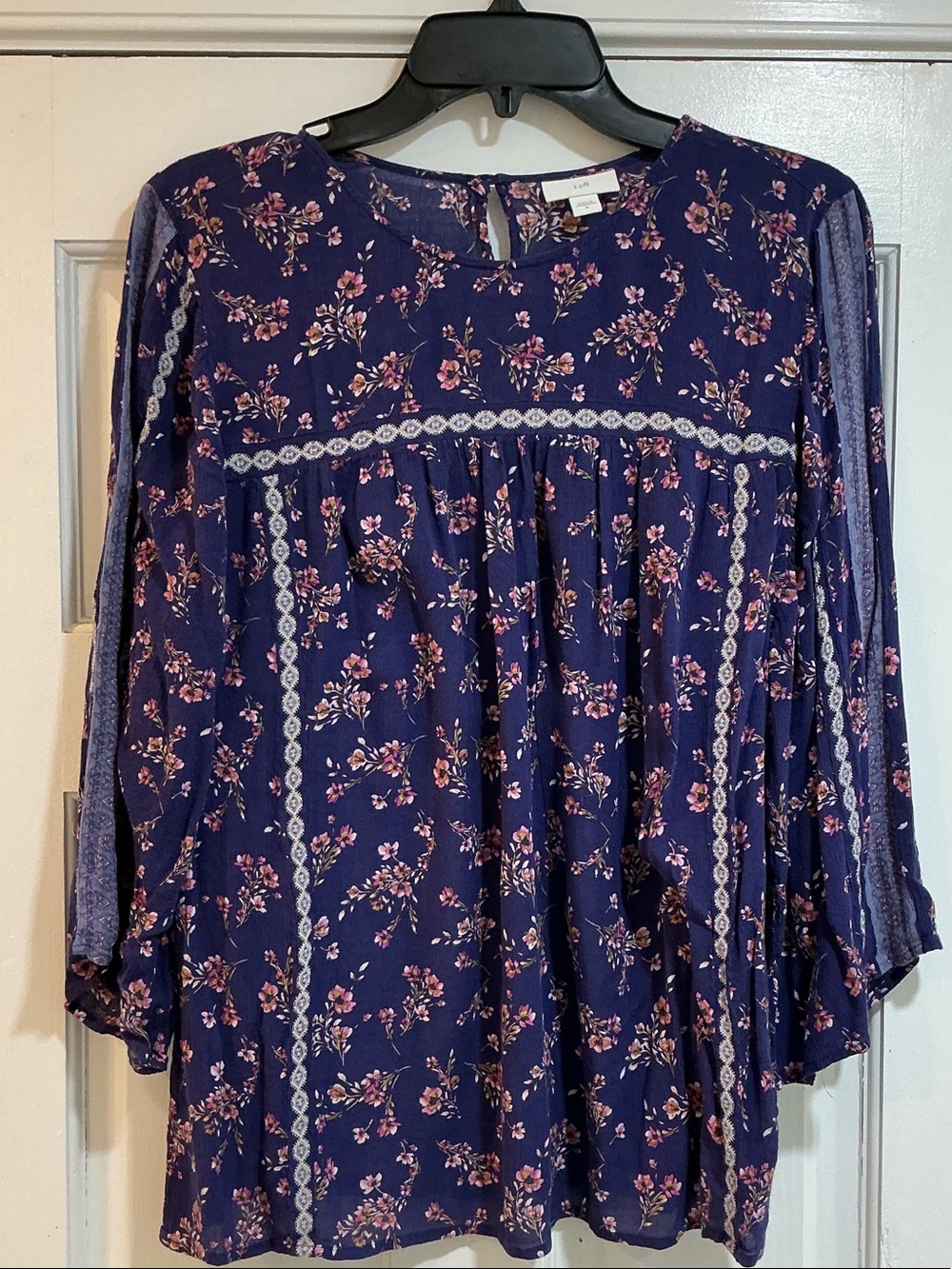 J Jill Floral Navy Blouse with Lace and Paisley Print Insets